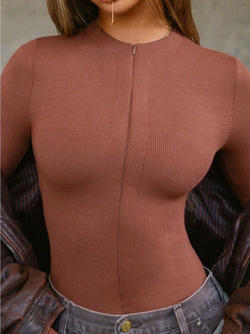 Joah Brown Oxblood Flex Rib Invisible Zip Long Sleeve Top XS/S - Picture 2 of 8